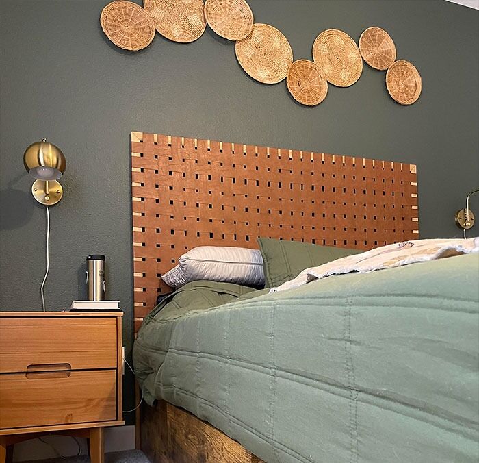 DIY headboard with woven wood design in a bedroom featuring cool and inspiring bedroom wall decor ideas with basket art.