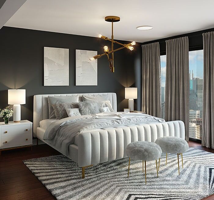 Contemporary bedroom featuring cool and inspiring bedroom wall decor ideas with abstract art on a dark accent wall.