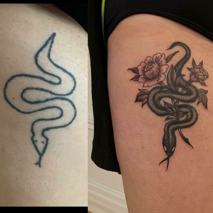 Before and after pics of a terrible tattoo fixed into a detailed snake and floral design on the thigh.