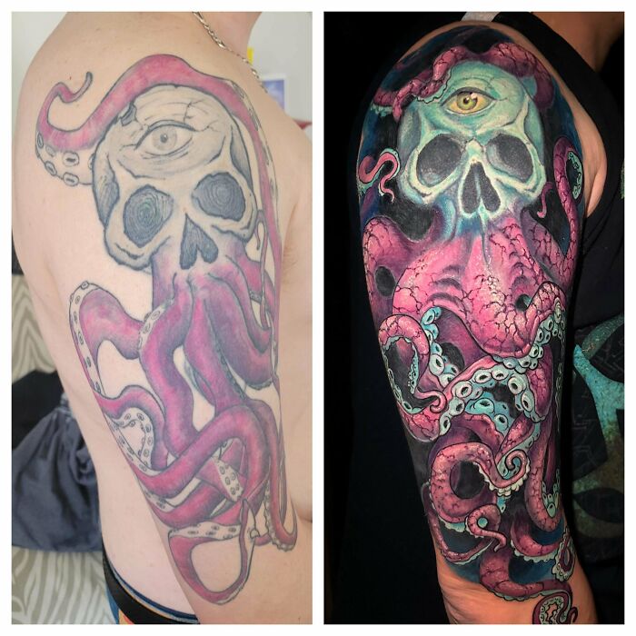 Tattoo fix showing a colorful redesign of a skull and octopus on an arm, highlighting impressive transformation.