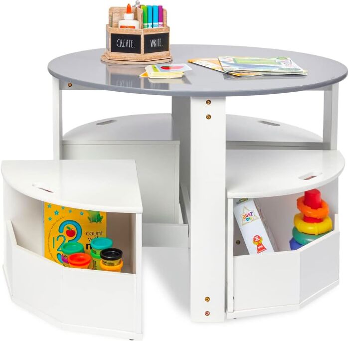 white desk with 4 storage stools
