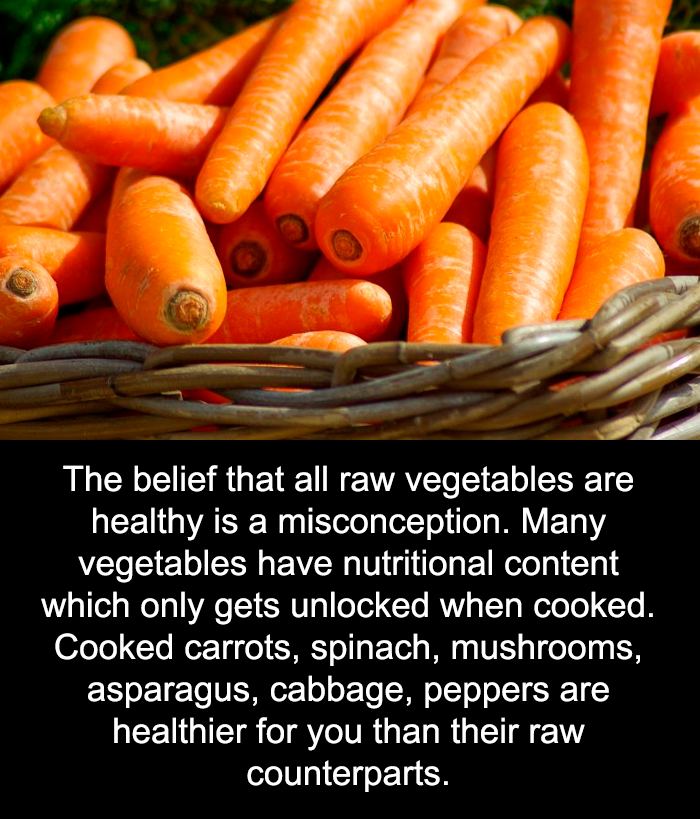 Basket of fresh carrots with a fact about unusual facts on cooked vegetables being healthier than raw ones.