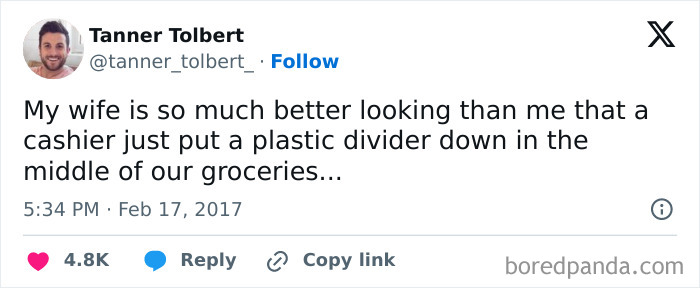 A funny parenting tweet about a cashier mistaking groceries due to appearance differences.