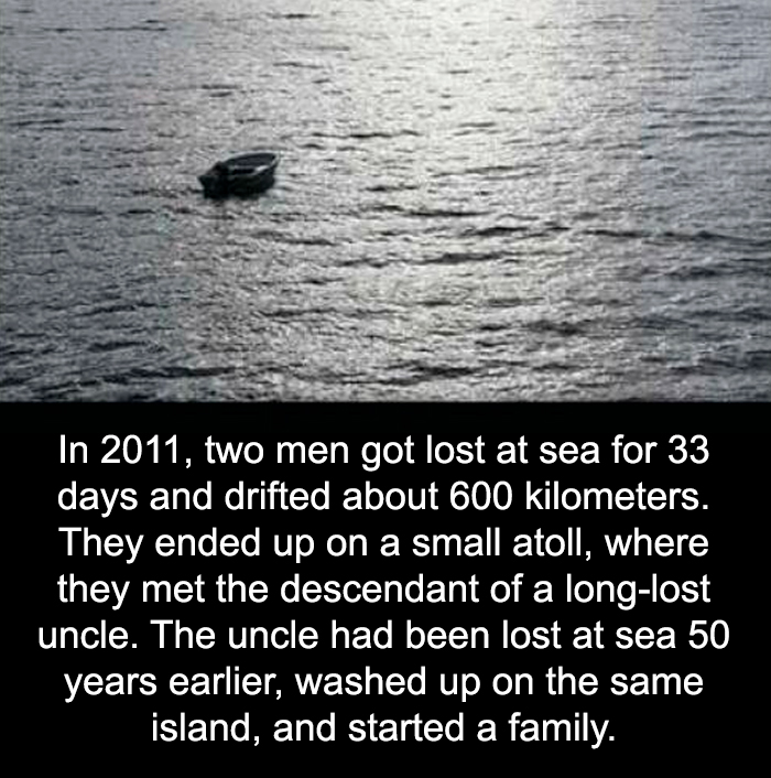 Small boat drifting at sea illustrating unusual facts about lost men meeting a descendant on a remote island after 33 days.