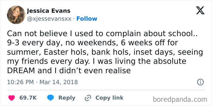 Jessica Evans' tweet humorously reflects on school life and its unexpected perks.