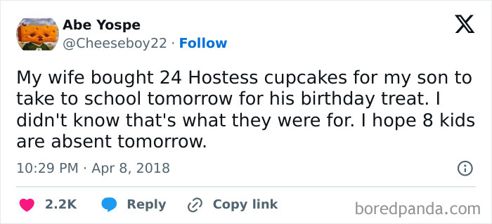 Funny parenting tweet about buying cupcakes for a child's birthday treat, hoping some kids are absent.