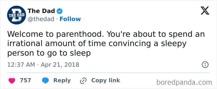 Post from The Dad: "Welcome to parenthood. You're about to spend an irrational amount of time convincing a sleepy person to sleep."