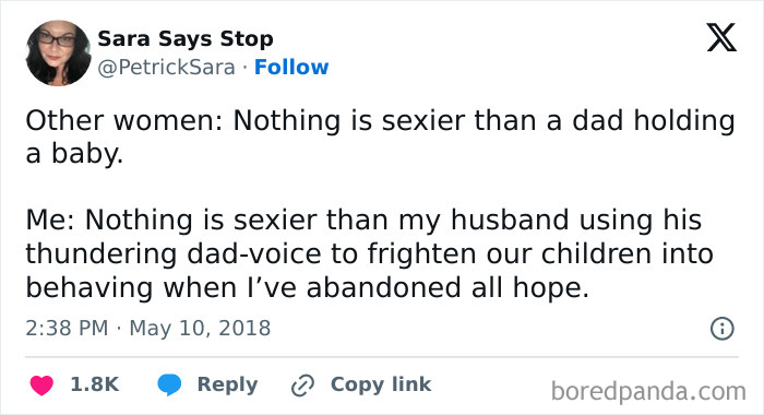 Tweet joking about the appeal of a dad using his authoritative voice humorously.