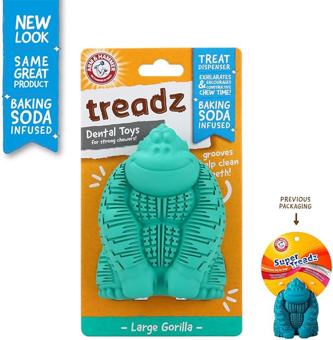 Dog toy for tough chewers, large gorilla shape, baking soda infused, Arm & Hammer Treadz packaging. Dog toy for tough chewers, large gorilla shape, baking soda infused, Arm & Hammer Treadz packaging.