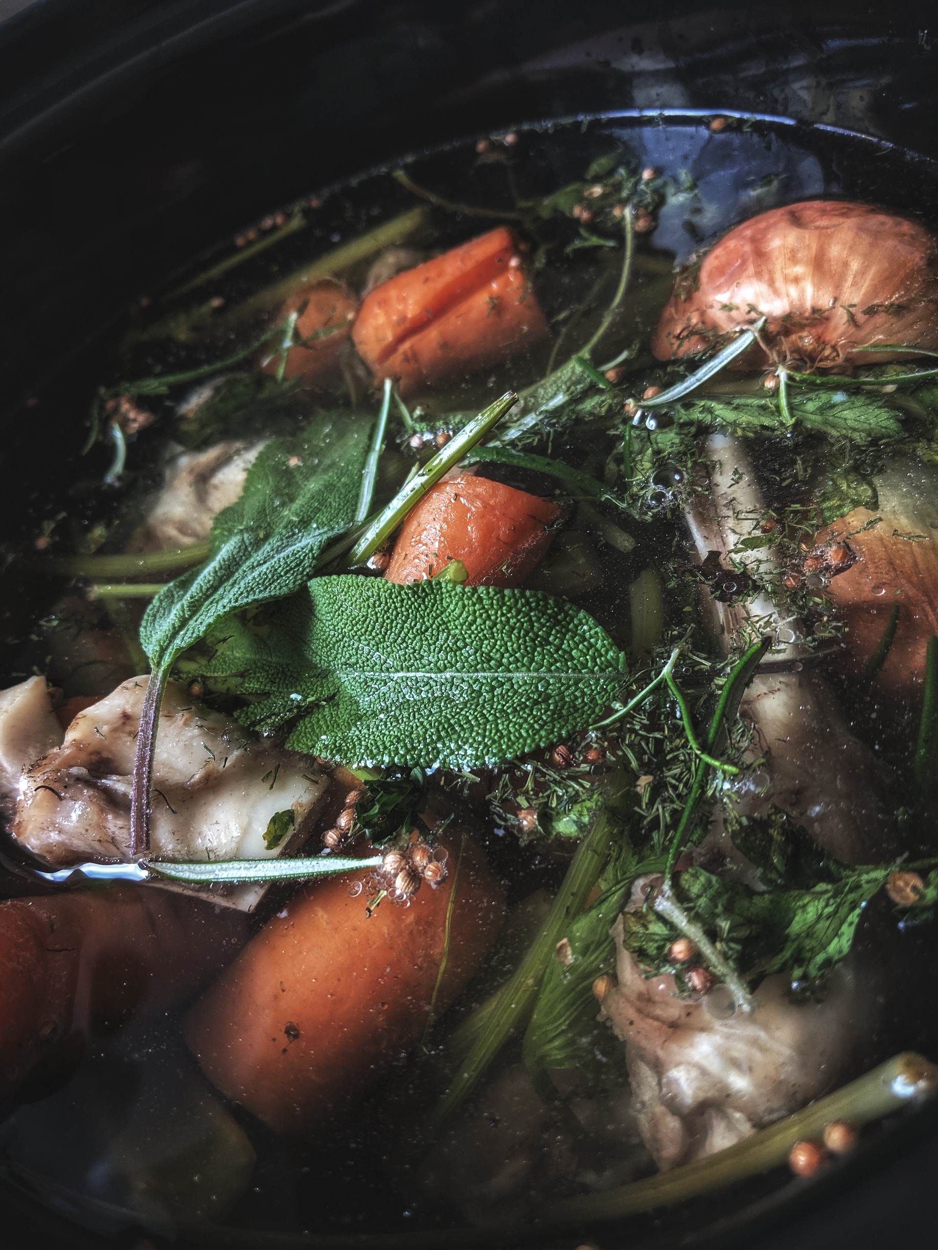 Bone broth with carrots, herbs, and chicken bones, rich in minerals and nutrients for dogs.