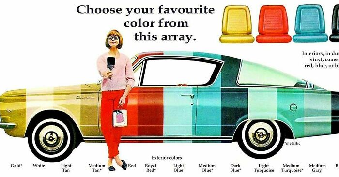 Plymouth Barracuda, 1965. Plymouth Wanted To Show Off The Fact That The Barracuda Was Available In Greater Range Of Colours Than Ford’s Mustang, Hence A Cuda Striped With 17 Colours