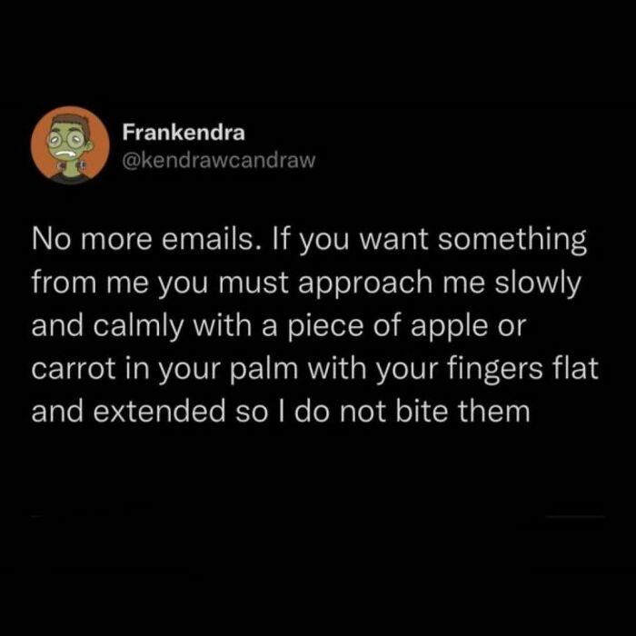 Relatable work meme about avoiding emails and approaching calmly with a carrot or apple to get attention at work.