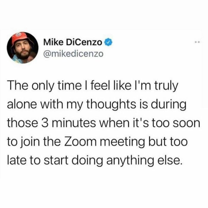 Relatable meme about work life capturing the awkward pause before a Zoom meeting starts and feeling truly alone.