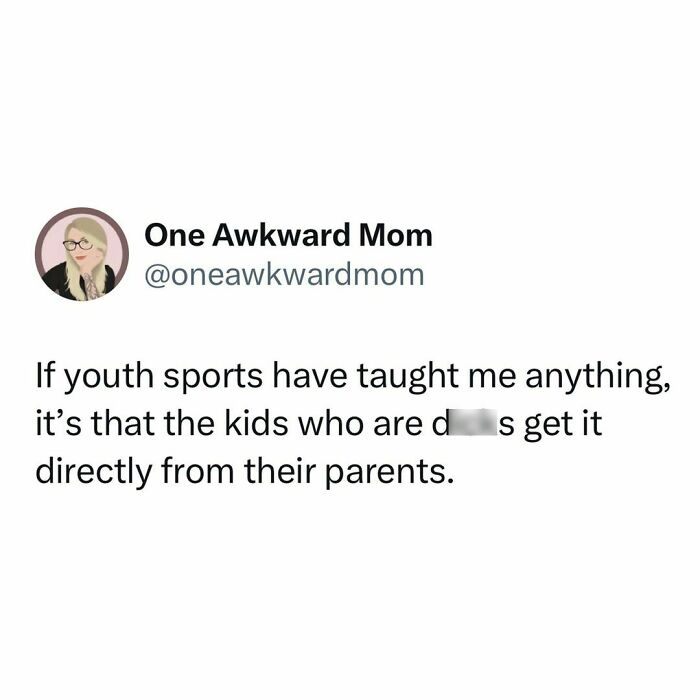 Tweet from "One Awkward Mom" humorously reflects on parenting lessons from youth sports.