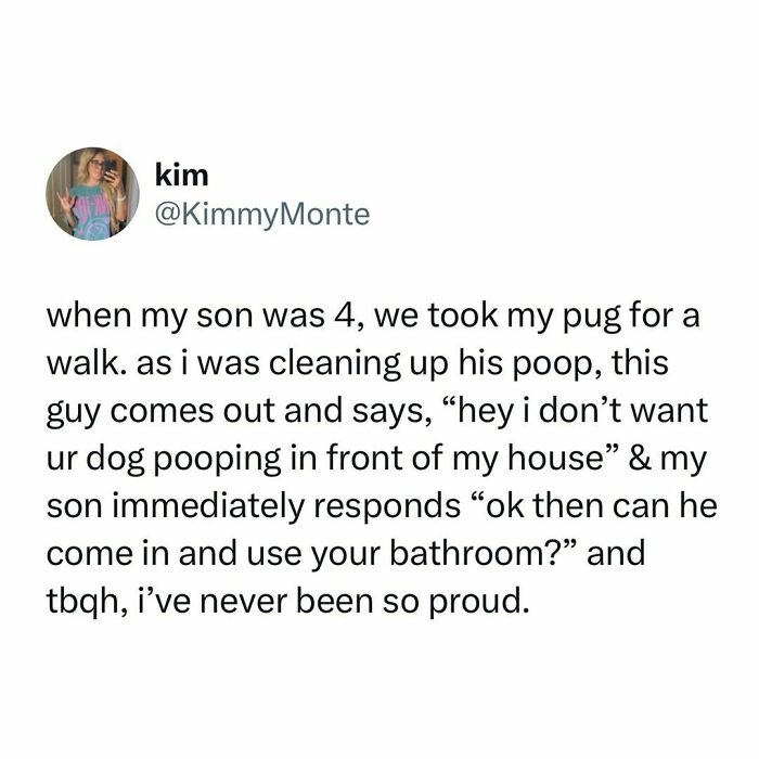 Tweet from Kim about a funny dad moment with her son and their pug during a walk.