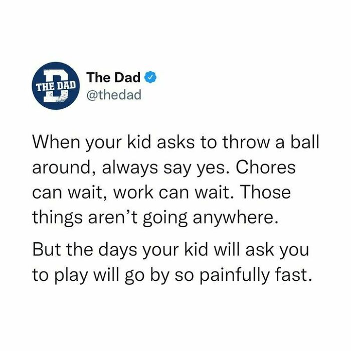 Text post from 'The Dad' urging to prioritize playtime with kids over chores and work.