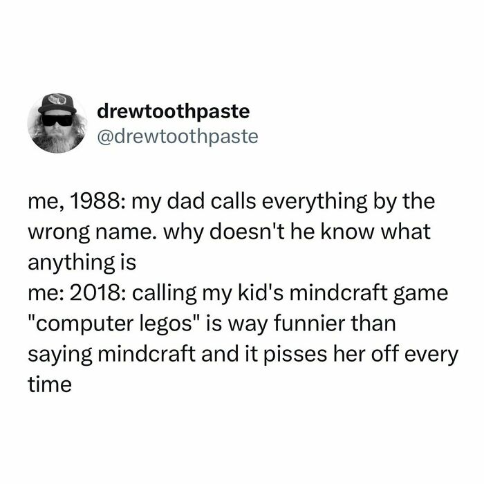 Tweet about dads humorously misnaming things, referencing Minecraft and childhood memories.