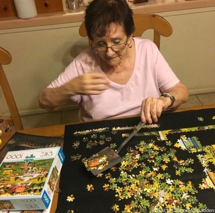 My Grandma Has A Spatula She Uses To Move Around Completed Sections Of Her Puzzle