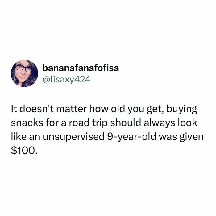 Tweet from a joking dad about buying road trip snacks like an unsupervised child with $100.