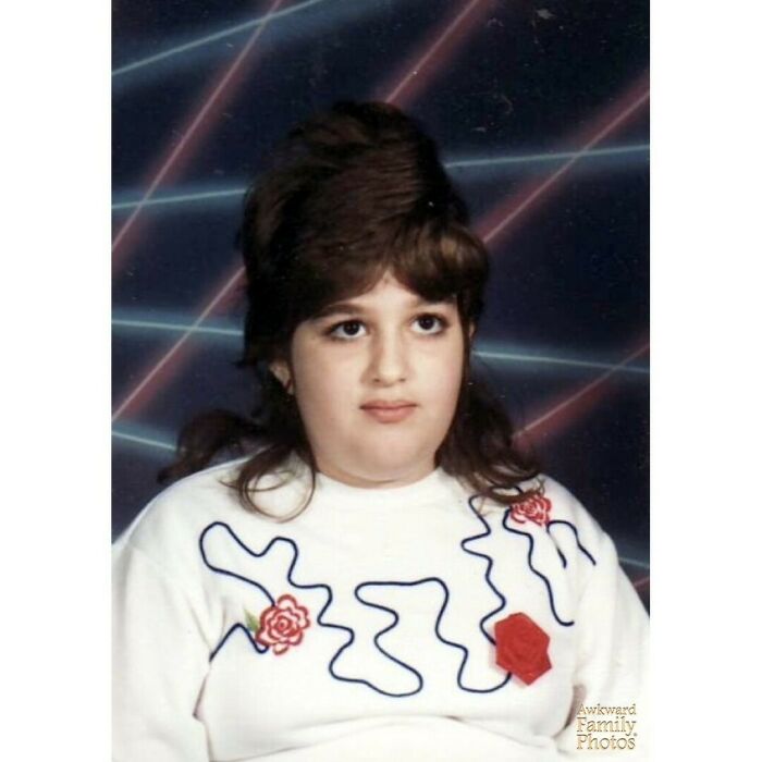This Is A School Photo Of My Older Sister From 1988. The Monstrosity Upon Her Head Is Reflected In Her Expression. The Lasers In The Background And Applique-Roses Sweatshirt Only Add To The Epic-Ness