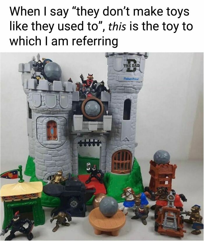 Vintage Fisher-Price castle with knights and accessories, shared by The Dad for nostalgic toy lovers.