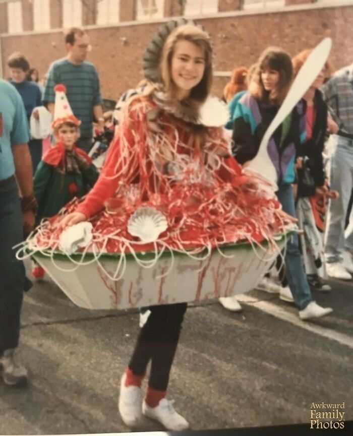 My Halloween Costume In 1992: Spaghetti And Clam Sauce. There’s A Big Plexiglass Fork On The Side Sticking Up. My Dad Dribbled Real Clam Juice All Over Me So No One Would Get Too Close At The Middle School Dance