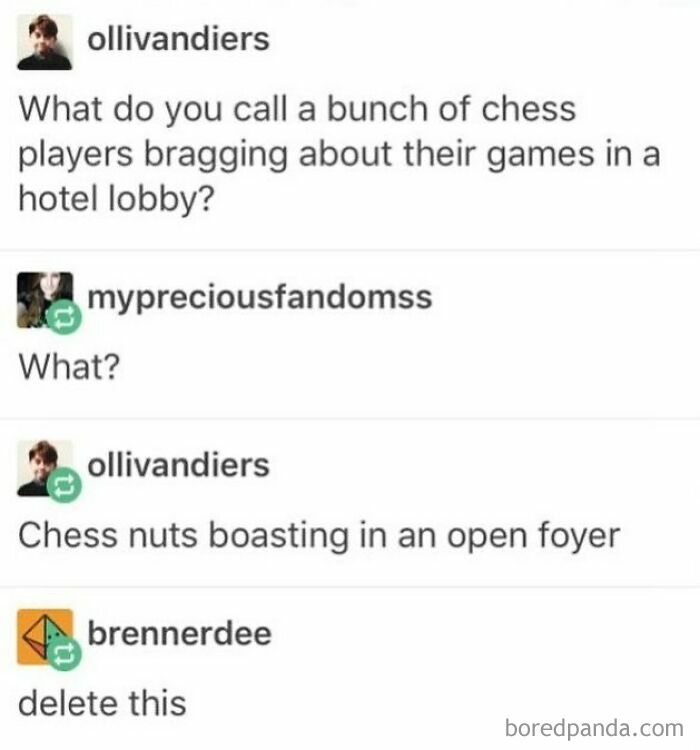 Witty dad joke about chess players boasting in a hotel lobby with humorous reactions.