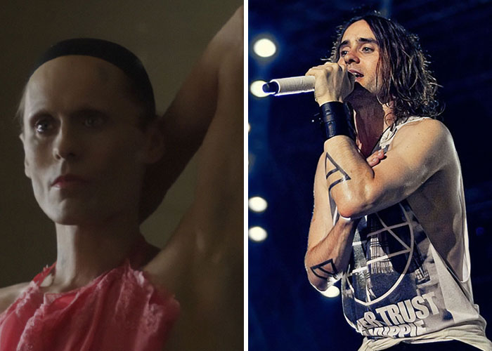 Actor showing dramatic physical transformation with visible health impact in a film scene and live performance.