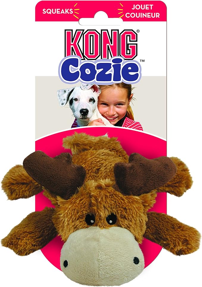 KONG Cozie plush toy for tough chewers, featuring a brown moose design on packaging. KONG Cozie plush toy for tough chewers, featuring a brown moose design on packaging.
