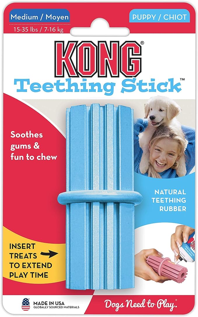 KONG Teething Stick package, designed for tough chewers, includes natural rubber for dogs to chew and play with. KONG Teething Stick package, designed for tough chewers, includes natural rubber for dogs to chew and play with.