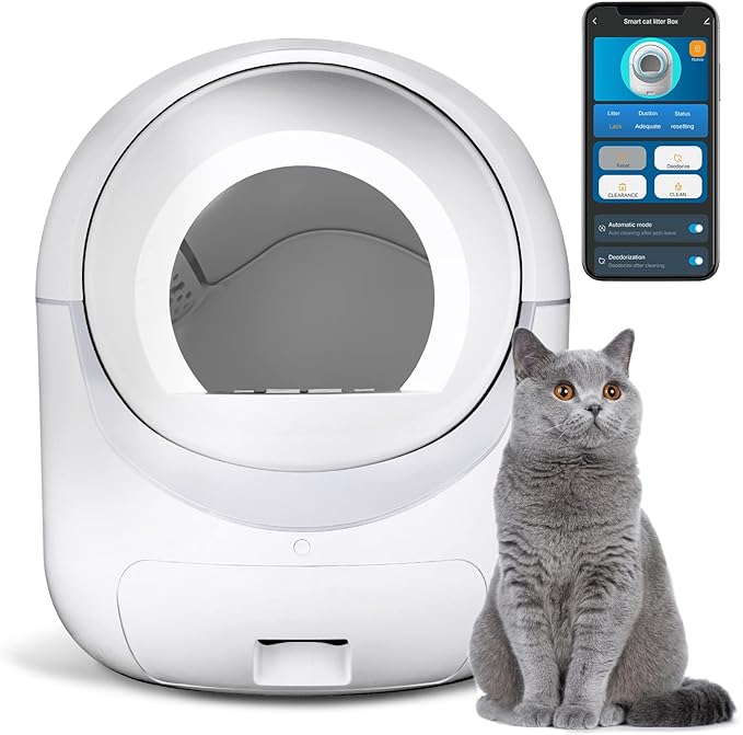Smart litter box with a grey cat and control app, used to keep dogs away from litter box.