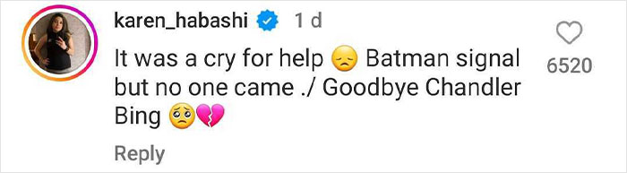 Social media comment mentioning Batman references, expressing sadness and saying goodbye to Chandler Bing.