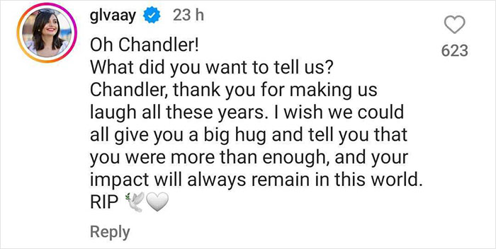 Tribute comment on social media referencing Matthew Perry's impact and Chandler character.