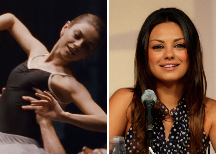 Actress shown in two images, one performing ballet in a black leotard, the other speaking at a panel with a microphone, illustrating actors' transformations.
