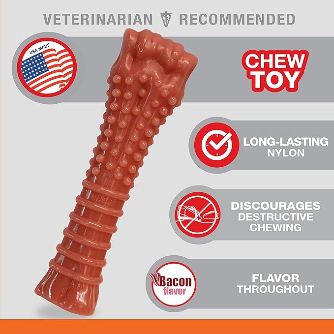 Veterinarian-recommended chew toy for tough chewers, featuring durable nylon and bacon flavor. Veterinarian-recommended chew toy for tough chewers, featuring durable nylon and bacon flavor.