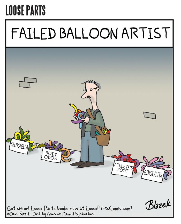 Cartoon by Dave Blazek showing a failed balloon artist with balloon animals labeled with dark humor themes.