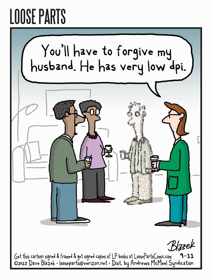 Cartoon by Dave Blazek showing a pixelated man with friends, featuring darker sense of humor in comic style.