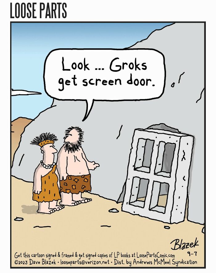 Cavemen humor comic by Dave Blazek showing primitive men discovering a stone screen door in a desert setting.