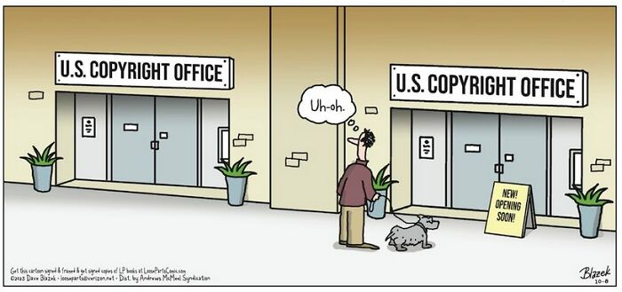 Comic showing a man and dog confused by two U.S. Copyright Office entrances in a darker humor comic by Dave Blazek.