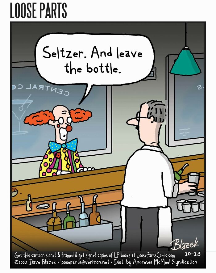 Cartoon by Dave Blazek showing a clown bartender serving a drink, fitting dark humor comics style.