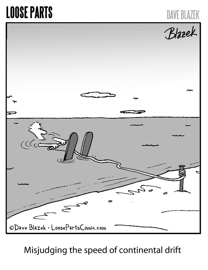 Cartoon by Dave Blazek showing a man water skiing tied to a moving shore, illustrating darker humor comics.
