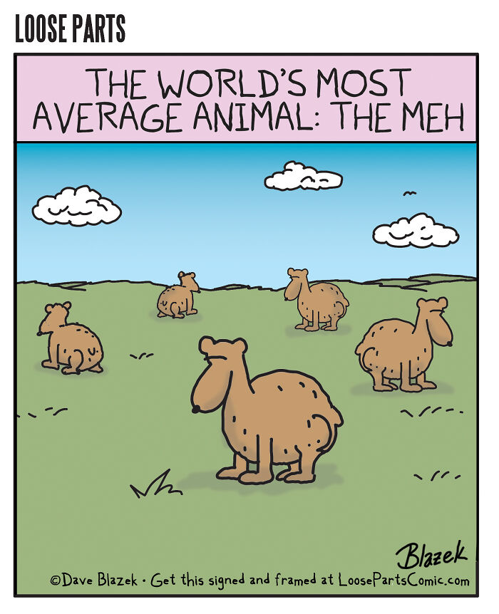 Comic panel by Dave Blazek featuring cartoon animals labeled as the world's most average animal with dark humor style