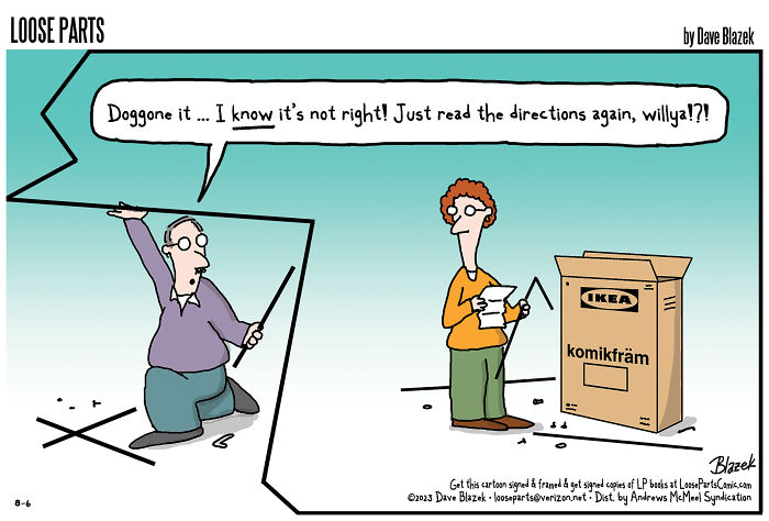 Comic by Dave Blazek showing humorous frustration with IKEA furniture assembly in dark humor comics style.
