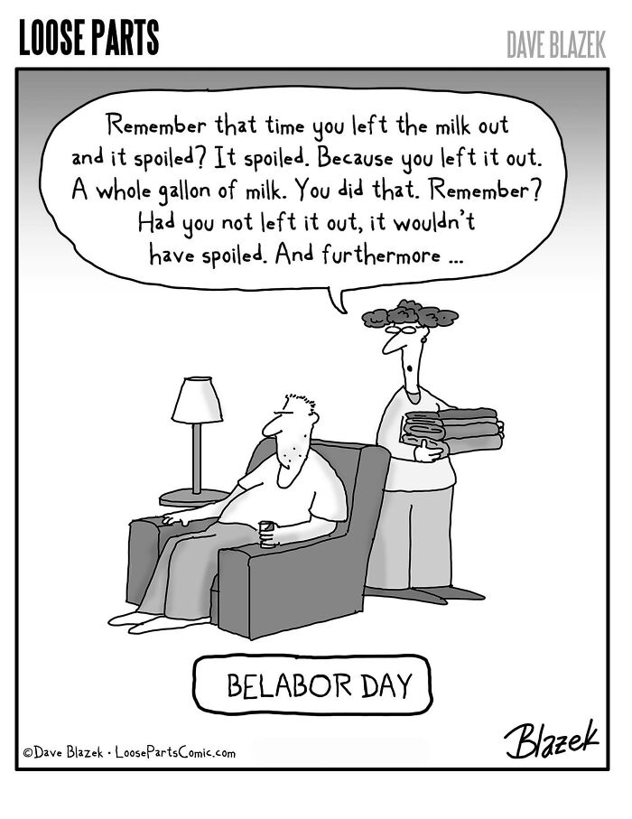 Comic by Dave Blazek showing dark humor about a milk spill and blame, fitting darker sense of humor comics.