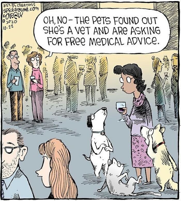 Comic by Dave Coverly: Pets ask a vet for free advice at a party, humorously depicting animal and human behavior.