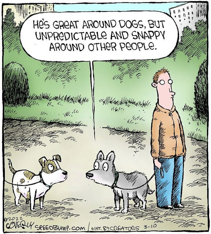 Humorous one-panel comic by Dave Coverly featuring a man, two dogs, and a funny dialogue about human behavior and animals.