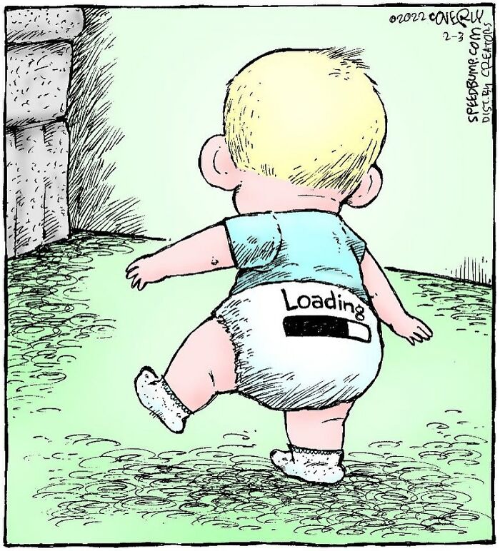 A humorous comic by Dave Coverly shows a baby wearing a diaper labeled "Loading."
