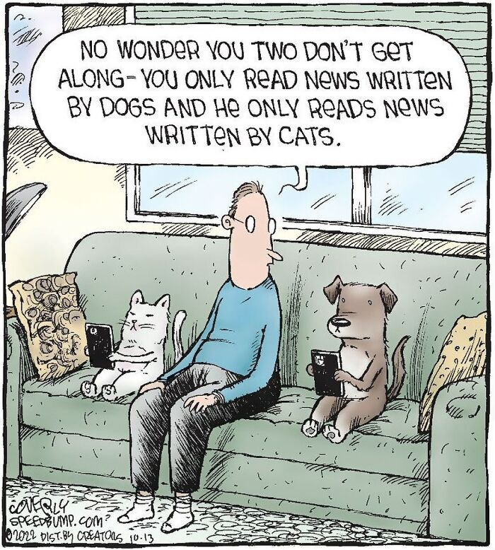Humorous comic by Dave Coverly showing a man, a cat, and a dog on a couch, each with a tablet.