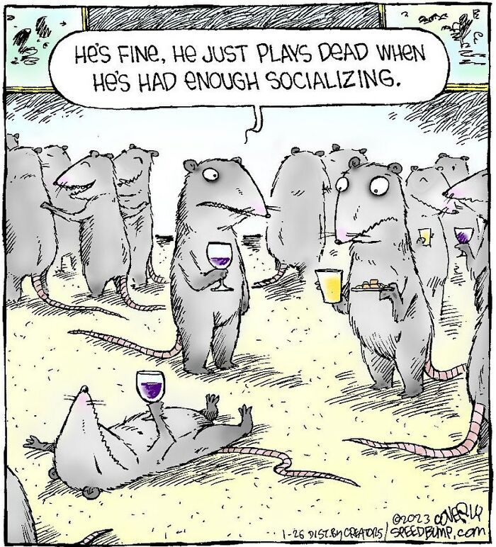 Cartoon by Dave Coverly: A possum plays dead to avoid socializing, holding a wine glass among other animals.