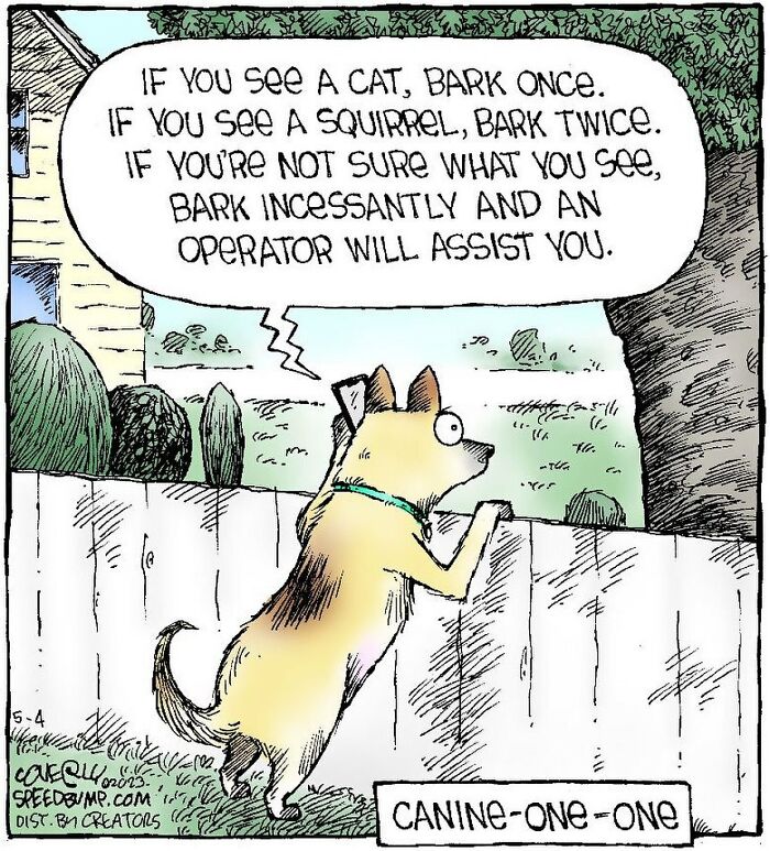 Dog peering over a fence with humorous one-panel comic instructions for barking at cats and squirrels.